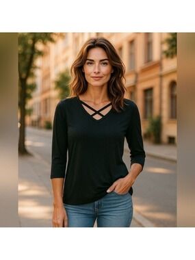 Exclusively Misook Vintage Top ,3/4 sleeves, black,oversized small,shoulder pads